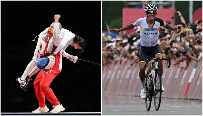 Chinas Sun Yiwen celebrates with her French coach Hugues Obry after winning in the womens epee individual gold medal bout and Ecuadors Richard Carapaz celebrates as he rides to the finish line to win the mens cycling road race during the Tokyo 2020 Olympic Games, Japan, July 24, 2021. — AFP