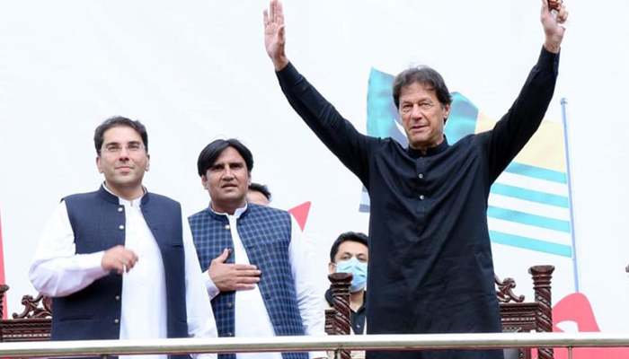 Prime Minister Imran Khan gestures during a rally in Azad Jammu and Kashmirs Tarar Khal on July 23, 2021. — PID/File