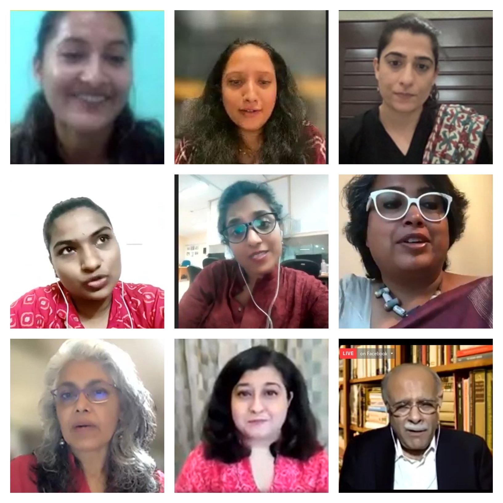 Image collage of athletes, hosts, moderators, and guest speakers, including [top left] Preety Baral, Roopa Nagraj, Sana Mir, Mabia Akhter Shimanto, Natasha Raheel Khan, Dr Payoshni Mitra, Beena Sarwar, Aekta Kapoor, and Najam Sethi. Photo: Screengrab via Zoom captured by the author.