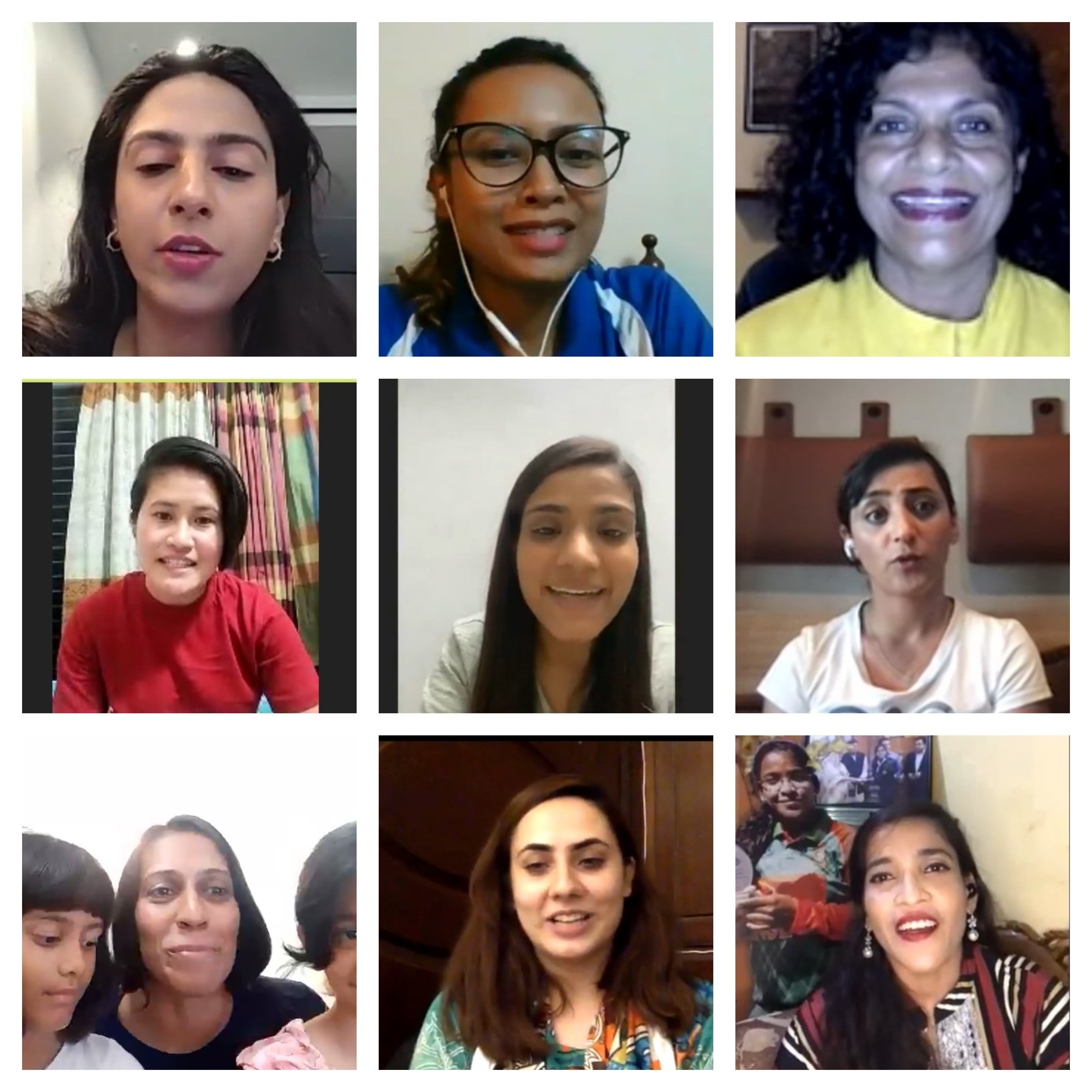 Image collage showing pictures of different athletes from South Asia, including [top left]Ayesha Mansukhani, Ashreen Mridha, Caryll Tozer, Champa Chakma, Gulshan Naaz, Khalida Popal, Nisha Millet and her twin daughters, Noorena Shams, and Ruhmana Ahmed. Photo: Screengrab via Zoom captured by the author.