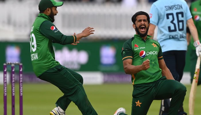 Hasan Ali celebrates after dismissing a batsman. Photo: Files