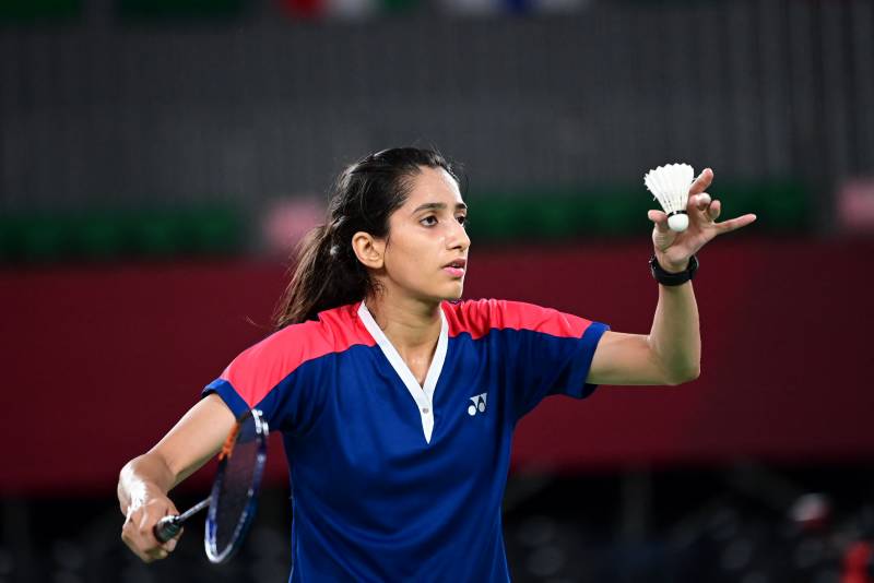 Mahoor Shahzad before a badminton serve. — AFP