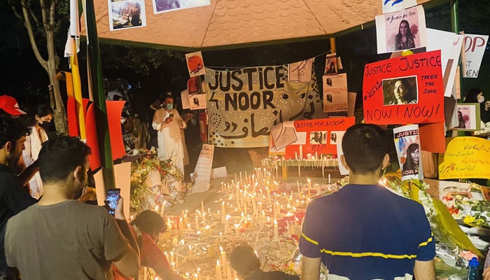 A candle light vigil held in the federal capital for Noor Mukadam following her murder. Photo: Twitter