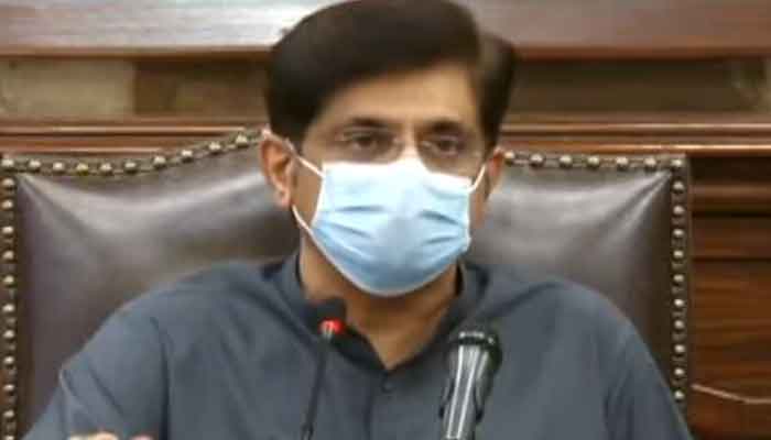 Sindh Chief Minister Murad Ali Shah addressing a press conference to respond to concerns and criticism regarding the decision to impose a nine-day lockdown in the province, on July 30, 2021. — Geo News