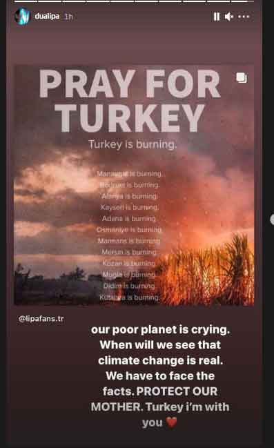 Dua Lipa prays  for Turkey as wildfires engulf southern coast