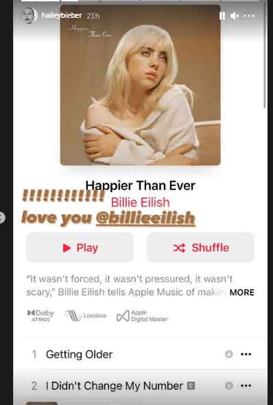 Hailey Bieber reacts to Billie Eilishs new album Happier Than Ever