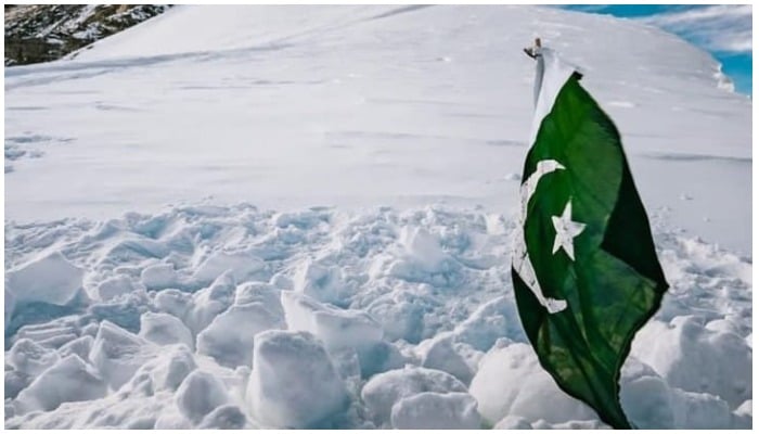 Pakistani flag that marks Ali Sadparas place of burial on K2. Screengrab from Elia Saikalys Instagram post