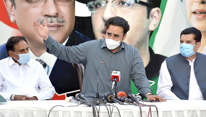 PPP Chairman Bilawal Bhutto Zardari addressing a press conference at Bilawal House in Islamabad, on July 31, 2021. — INP/File