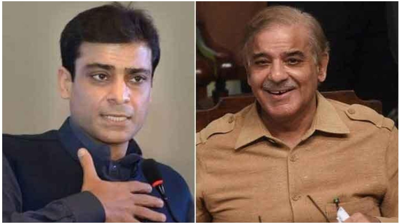 Punjab Assembly opposition leader Hamza Shahbaz (L) and National Assembly opposition leader, PML-N President Shehbaz Sharif (R)