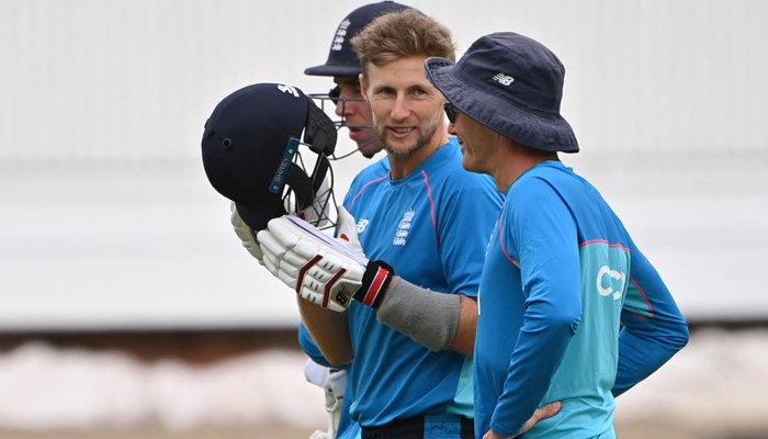 England´s Joe Root prepares to bat (C) during a training session at Trent Bridge Cricket Ground in Nottingham, central England on August 2, 2021 ahead of the first Test match between England and India. — AFP