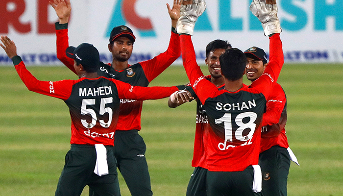 Cricket - First Twenty20 International - Bangladesh v Australia - Sher-e-Bangla National Cricket Stadium, Dhaka, Bangladesh - August 3, 2021. Bangladeshs players celebrate after winning the match. — Reuters.