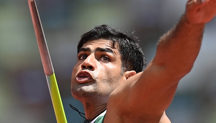 Pakistani athlete Arshad Nadeem pictured seconds before his throw. Photo: File