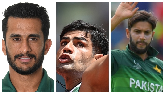 Pakistani fast bowler Hassan Ali (L), Olympian Arshad Nadeem (Center) and cricketer Imad Wasim (R). Photo: File