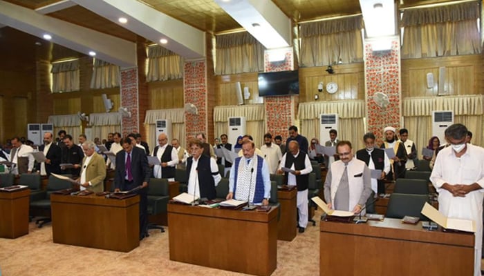 The newly-elected members of the Azad Jammu and Kashmir (AJK) Legislative Assembly under taking oath before outgoing speaker Shah Ghulam Qadir in Muzaffarabad, on August 3, 2021. — Twitter/GovtofAJK/File