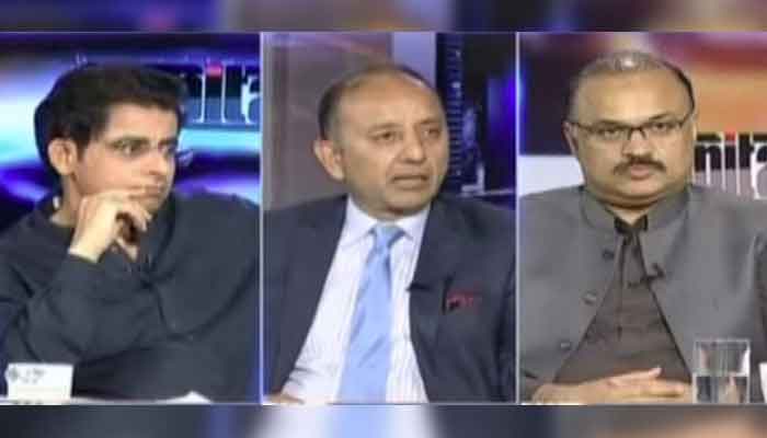 (L-R): Senior analyst Irshad Bhatti, PML-Ns Musadiq Malik and PTIs Amir Dogar, on Geo News programme Capital Talk, on August 4, 2021. — Geo News