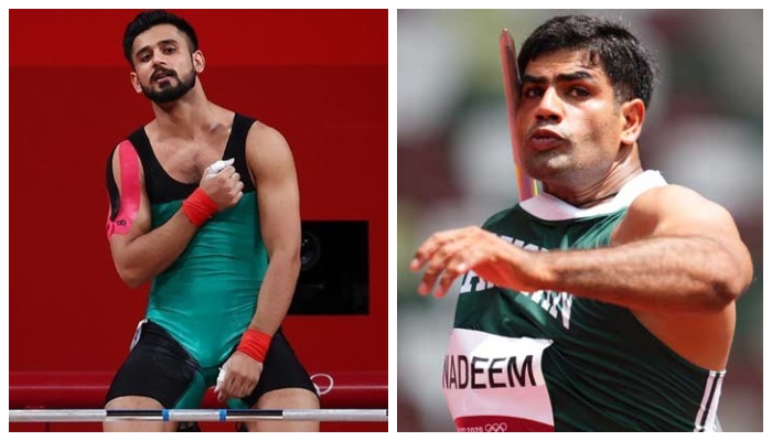 Talha Talib after his heroic performance at Tokyo Olympics (Left) and Arshad Nadeem as he throws a javelin (R).