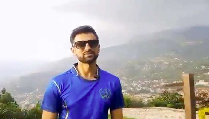 Pakistani all-rounder Shoaib Malik speaks about the Kashmir Premier League in Muzaffarabad, on August 5, 2021. — Twitter