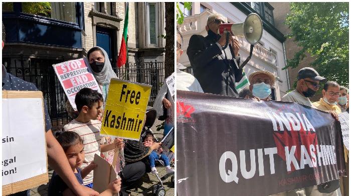 Protesters stage demonstrations outside Indian embassy in Brussels to mark August 5