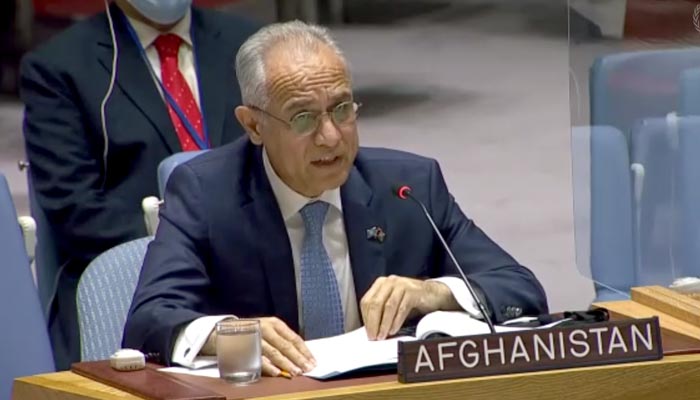 Ambassador and Permanent Representative of Afghanistan to the United Nations Ghulam M Isaczai speaking during theUnited Nations Security Councilsopen meeting on the deteriorating situation in Afghanistan at the United Nations in New York, on August 6, 2021. — Screengrab from UN live feed