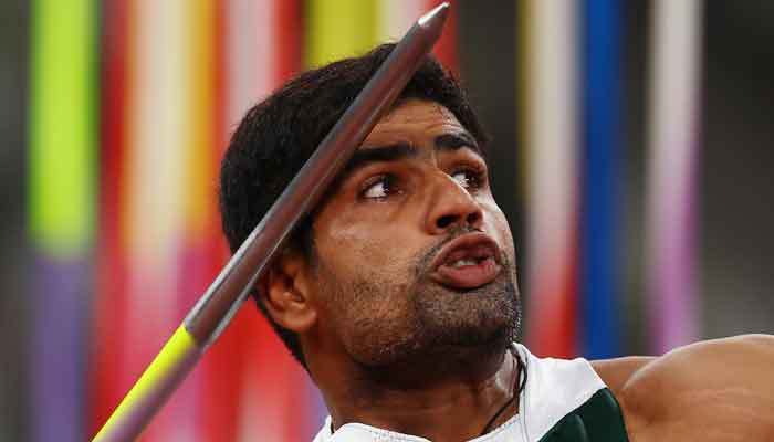 Arshad Nadeem in action, at Tokyo 2020 Olympics, Athletics, Mens Javelin Throw Final, Olympic Stadium, Tokyo, Japan, August 7, 2021. — Reuters/Kai Pfaffenbach