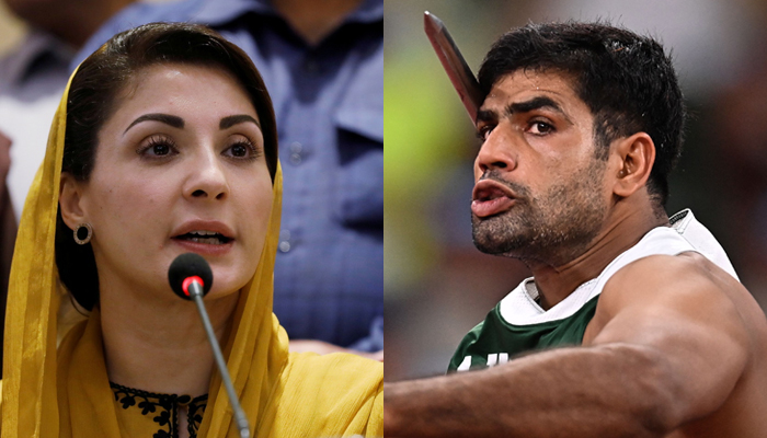 PML-N Vice-President Maryam Nawaz (left) andPakistan´s Arshad Nadeem competes in the men´s javelin throw final during the Tokyo 2020 Olympic Games at the Olympic Stadium in Tokyo on August 7, 2021 (right). — Reuters/AFP