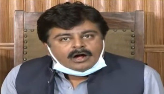 Sindh Education Minister Syed Sardar Ali Shah addresses a press conference. Photo: Geo News screengrab