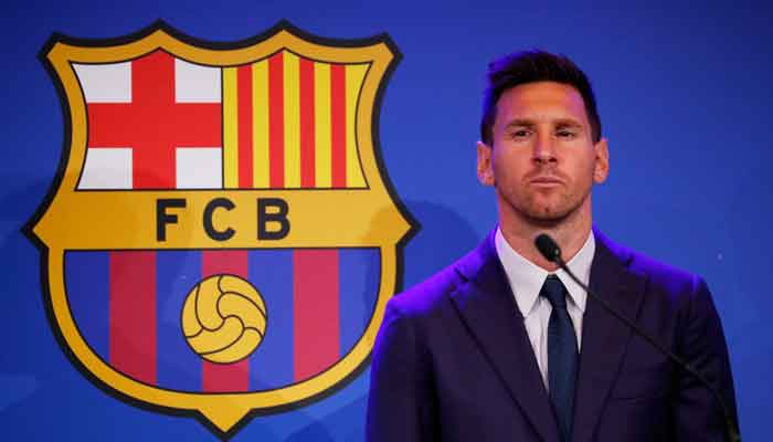 Lionel Messi during the press conference, 1899 Auditorium, Camp Nou, Barcelona, Spain , August 8, 2021, &mdash; Reuters/Albert Gea