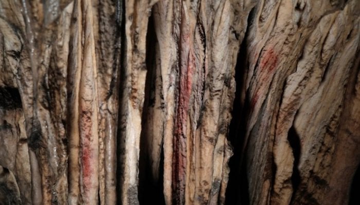 Red ocher markings which were painted on stalagmites by Neanderthals about 65,000 years ago, according to an international study, are seen in a prehistoric cave in Ardales, southern Spain, August 7, 2021. Photo: Reuters