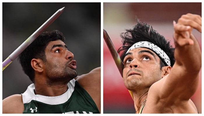 Pakistans Arshad Nadeem (left) and Indias Neeraj Chopra (right) competing in the men´s javelin throw final during the Tokyo 2020 Olympic Games at the Olympic Stadium in Tokyo on August 7, 2021. — AFP/File