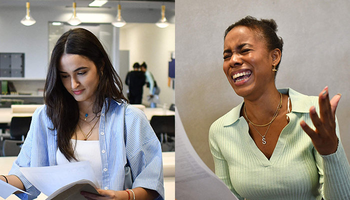 A student looks through her A-Level results at the London Academy of Excellence Tottenham (LAET) in north London on August 10, 2021 (left) and Shalayna Morton reacts as she finds out her A-level results at the London Academy of Excellence Tottenham (LAET) in north London. — AFP
