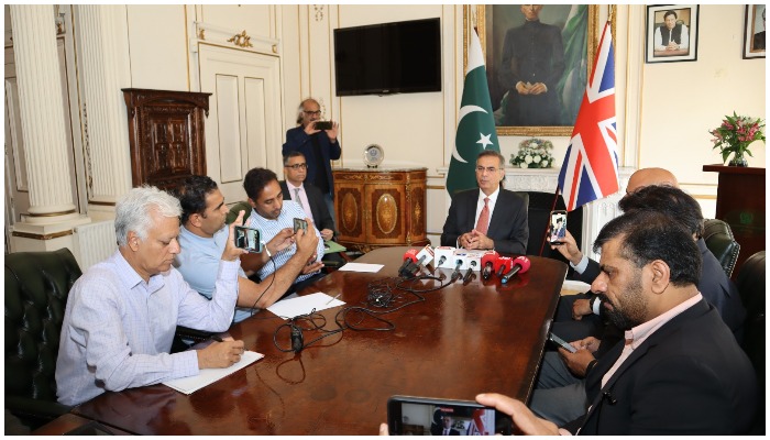 Pakistan’s High Commissioner to the UK Moazzam Ali Khan giving a press briefing. Photo provided by the reporter.