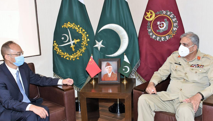 Chief of Army Staff General Qamar Javed Bajwa (right) meets Chinese Ambassador to Pakistan Nong Rong (left) at the General Headquarters in Rawalpindi, on August 10, 2021. — ISPR