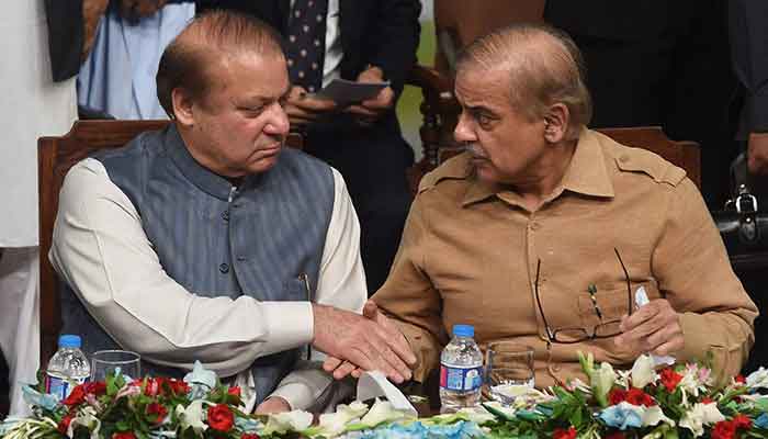 Former prime minister Nawaz Sharif (L) shakes hands with his brother and then chief minister of Punjab province, Shahbaz Sharif, during a PML-N workers convention, in Lahore, on October 4, 2017. —AFP photo
