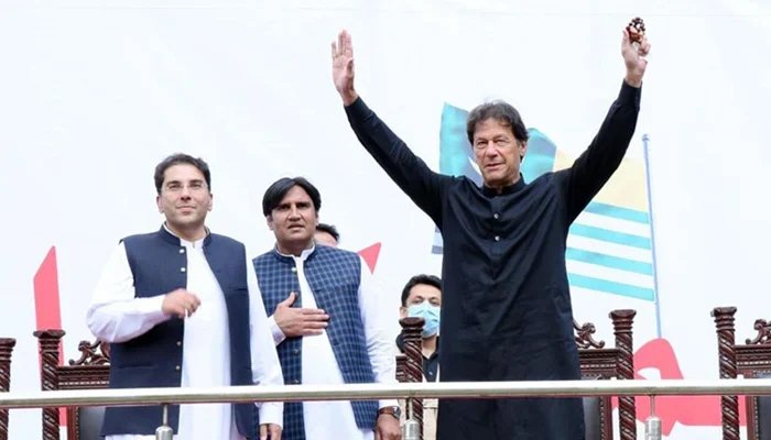 Prime Minister Imran Khan gestures during a rally in Azad Jammu and Kashmirs Tarar Khal, on July 23, 2021. Photo: Courtesy Press Information Department