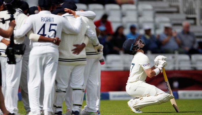 Cricket - First Test - England v India - Trent Bridge, Nottingham, Britain - August 7, 2021 Englands Rory Burns as India players huddle before the match. Photo: Reuters