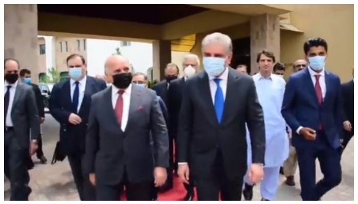 Foreign Minister of Iraq Dr Fuad Hussein (L) and Foreign Minister of Pakistan Makhdoom Shah Mahmood Qureshi (R) in Islamabad on Wednesday, August 11, 2021. Photo: Screengrab via Twitter/ MOFA.