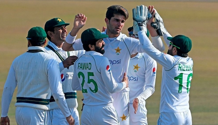 Pakistan team celebrate after Shaheen Shah Afridi dismisses a player. — PCB/File