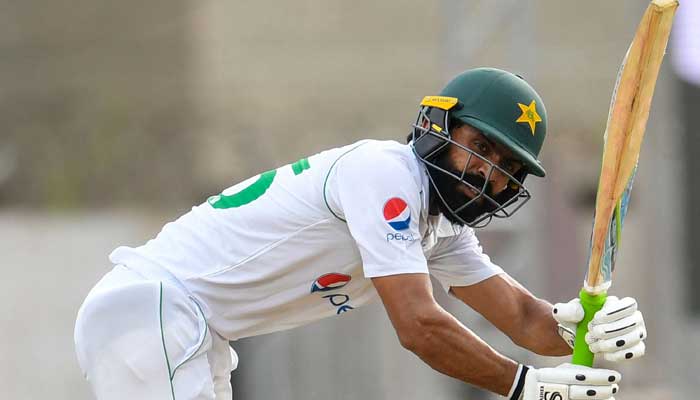 Fawad Alam of Pakistan hits 4 during day 1 of the 1st Test between West Indies and Pakistan at Sabina Park, Kingston, Jamaica, on August 12, 2021.-AFP