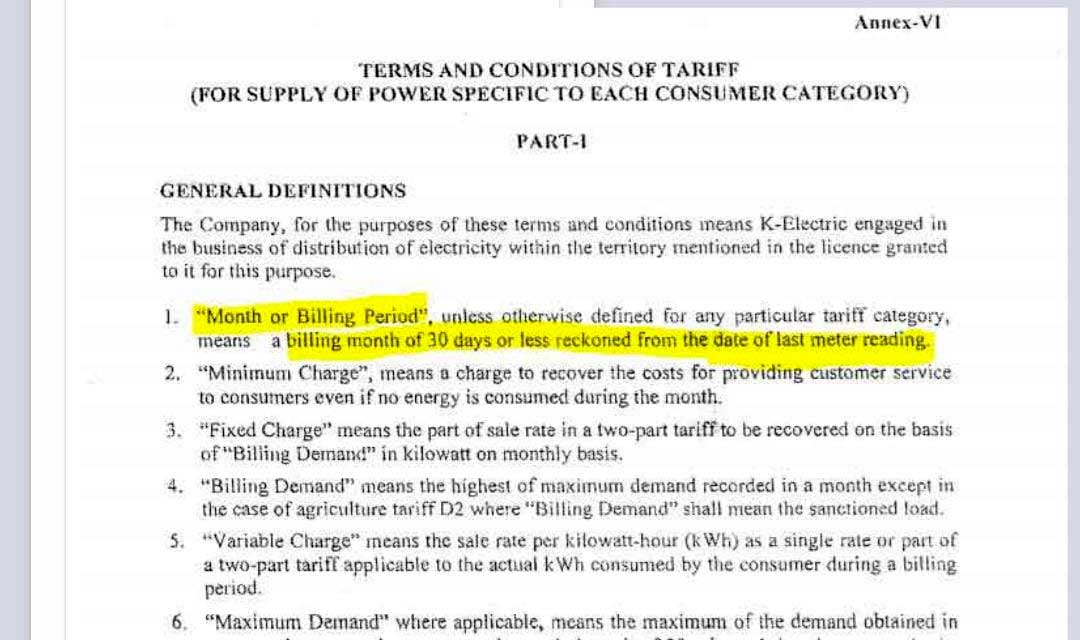 NEPRAs terms and conditions regarding billing period.