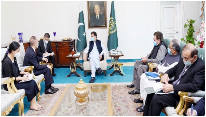 Prime Minister Imran Khan on Friday, August 13, 2021, meets with Chinas Ambassador to Pakistan Nong Rong. Photo via Radio Pakistan.