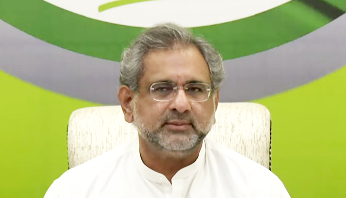 Former prime minister and PML-N leader Shahid Khaqan Abbasi addressing a press conference in Islamabad on the governments anti-state trends report, on August 13, 2021. — YouTube/HumNewsLive