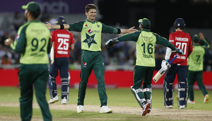 Pakistans Shaheen Afridi celebrates with teammates after taking the wicket of Englands Matt Parkinson to win the match, in the first Twenty20 International between England and Pakistan, at Trent Bridge, Nottingham, Britain, July 16, 2021 . — Reuters/File