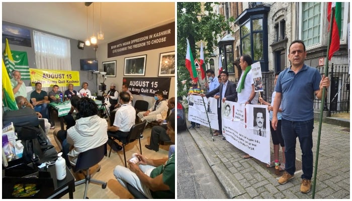 Image showing the seminar Independent India and Occupied Kashmir (L) while the second image shows the protest by JKLF in Brussels. Photos: Author.