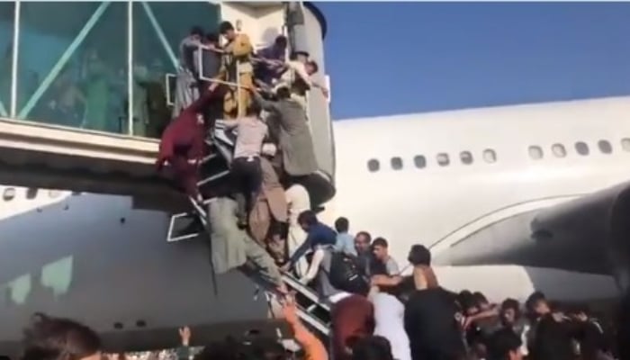 Scenes of panic witnessed at the Kabul airport on Monday morning. Photo: Twitter video screengrab