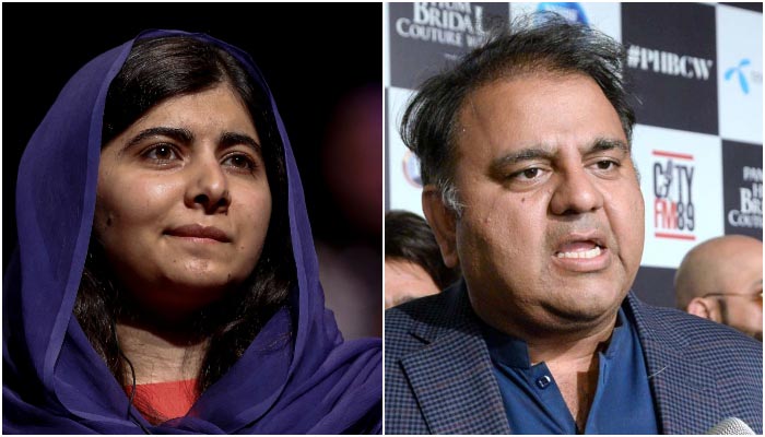In this file photo taken on July 09, 2018 Pakistani activist and Nobel Peace prize laureate Malala Yousafzai attends an event about the importance of education and women empowerment in Sao Paulo, Brazil (left) andMinister for Information and Broadcasting Chaudhry Fawad Hussain speaks to media at a local hotel in Lahore, on February 6, 2021 (right). — AFP/APP/File