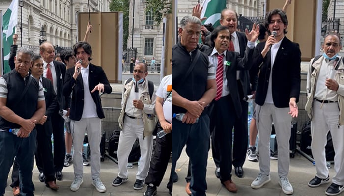 Teenager Shayan Ali (who is holding the mic in the photos) speaks during a protest at 10 Downing Street along with his parents and a handful of other protesters in London, UK. — Photos by author