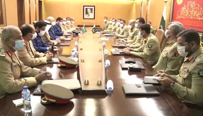 A high-level military delegation led by Saudi Arabias Chief of General Staff (CGS) General Fayyadh Bin Hamed Al-Ruwaili meets Pakistani military leadership to discuss geostrategic environment and security situation in Afghanistan at GHQ in Rawalpindi, on August 16, 2021. — Screengrab from ISPR video
