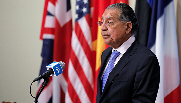 Pakistani Ambassador to the United Nations Munir Akram delivers a speech outside the UN Security Council meeting on Afghanistan held at the United Nations in New York on August 16, 2021. — Reuters