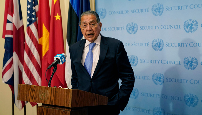 Pakistans ambassador to the United Nations Munir Akram speaks outside a UN security council meeting on Afghanistan on August 16, 2021 at the United Nations in New York. — AFP