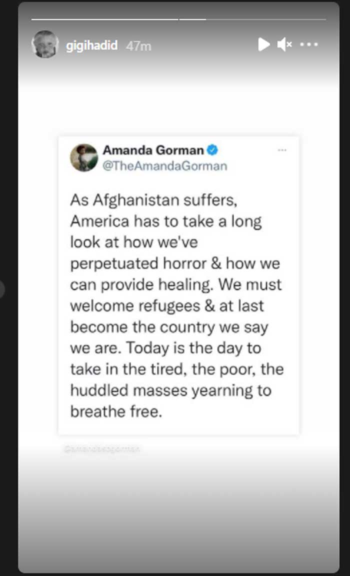 Gigi Hadid reacts to chaos in Afghanistan